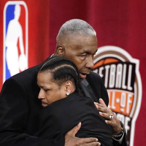 Fame inductee Allen Iverson left hugs presenter and former coach John Thompson during induction ceremonies at Symphony Hall Friday Sept. 9 2016 in Springfield Mass