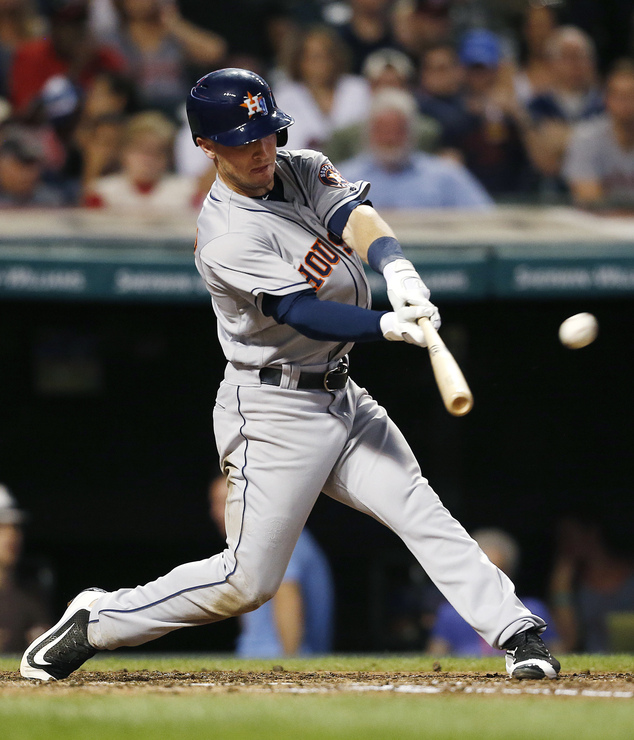 Houston Astros Alex Bregman hits a two-run home run off Cleveland Indians relief pitcher Jeff Manship during the third inning of a baseball game Monday Sep