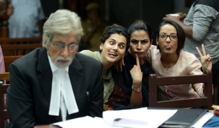 Amitabh Bachchan Taapsee Pannu Kirti Kulhari and Andrea Tariang on the sets of ‘Pink