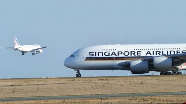 An Air France plane is seen landing at Paris Roissy airport next to a Singapore Airlines&#039 Airbus A380