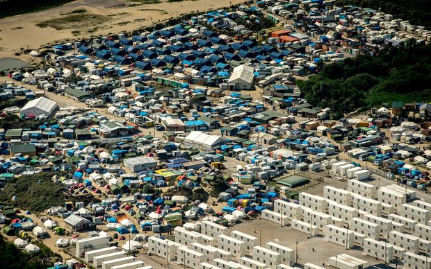 An aerial view of the'jungle camp at Calais where NGOs estimate more than 9000 migrants live