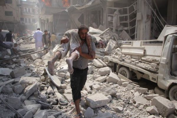 An air strike on a market in Idlib killed up to 60 people while at least 45 died in strikes on Aleppo province opposition activists say