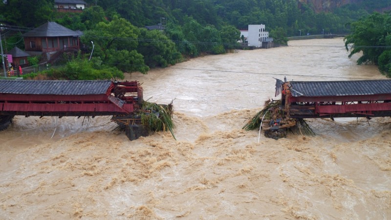 An ancient bridge is seen collapsed as typhoon Meranti hits southeast China in Yongchun Fujian province China