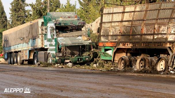 An image shows damaged aid lorries in Aleppo