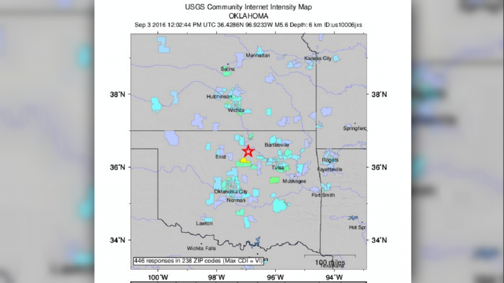 An intensity map of Saturday's 5.6-magnitude earthquake in northern Oklahoma courtesy USGS