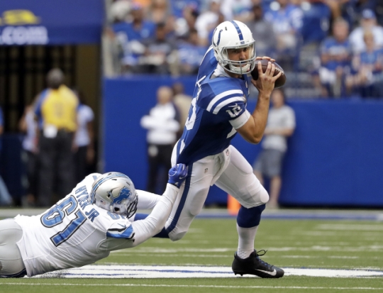 Detroit Lions defensive end Kerry Hyder sacks Indianapolis Colts quarterback Andrew Luck during the first half of the Lions&#39 39-35 win on Sunday at Lucas Oil Stadium Indianapolis