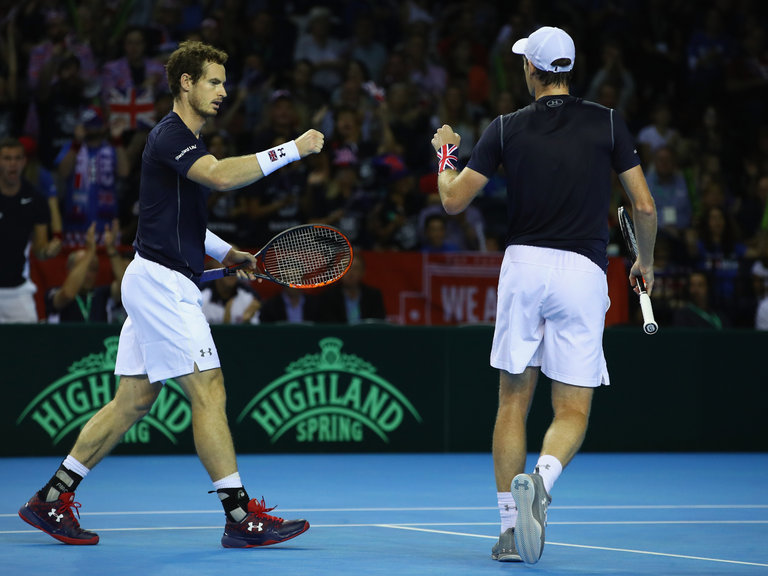 Andy Murray and Jamie Murray of Great Britain celebrate a point