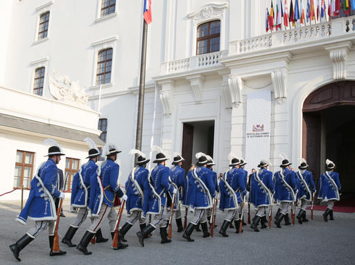 Palace Guards arrive for an EU summit at Bratislava Castle in Bratislava on Friday Sept. 16 2016. An EU summit without the participation of the United Kingdom will kick on Friday discussion on the future of the EU followin