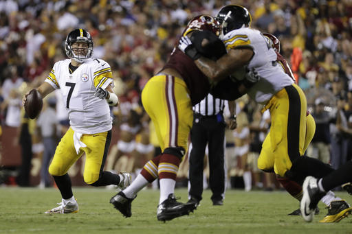 Pittsburgh Steelers quarterback Ben Roethlisberger looks for an open man during the second half of an NFL football game against the Washington Redskins in Landover Md. Monday Sept. 12 2016