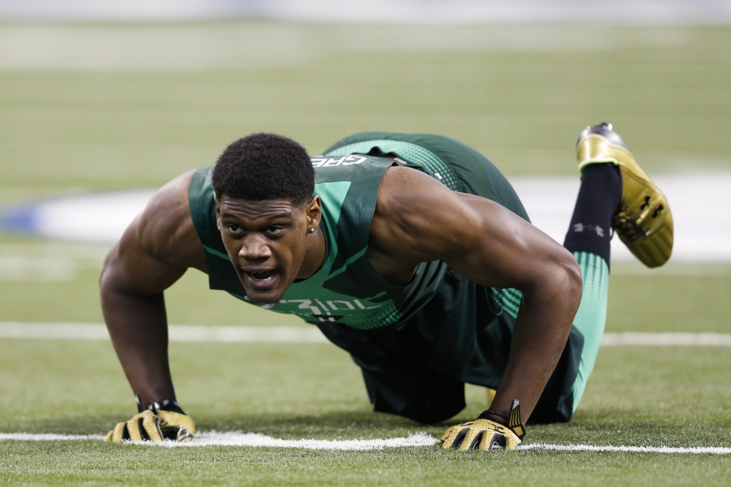 INDIANAPOLIS IN- FEBRUARY 22 Defensive lineman Randy Gregory of Nebraska competes during the 2015 NFL Scouting Combine at Lucas Oil Stadium