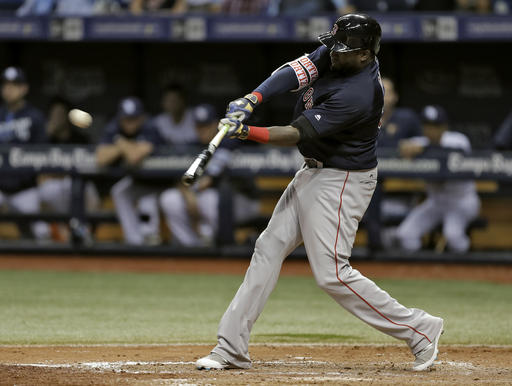 Boston Red Sox's David Ortiz shits a single off Tampa Bay Rays pitcher Dana Eveland during the seventh inning of a baseball game Friday Sept. 23 2016 in St. Petersburg Fla. Ortiz was out at second when he overran the base trying to stretch a sing