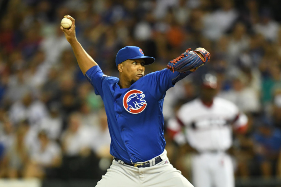 26 July 2016 Chicago Cubs Pitcher Pedro Strop  pitches during a game between the Chicago Cubs and the Chicago White Sox at US Cellular Field in Chicago IL