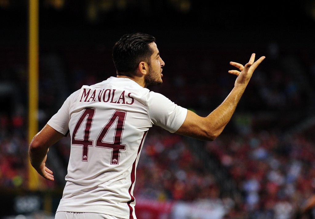 ST LOUIS MO- AUGUST 01 Kostas Manolas #44 of AS Roma reacts to a call during a friendly match against Liverpool FC at Busch Stadium