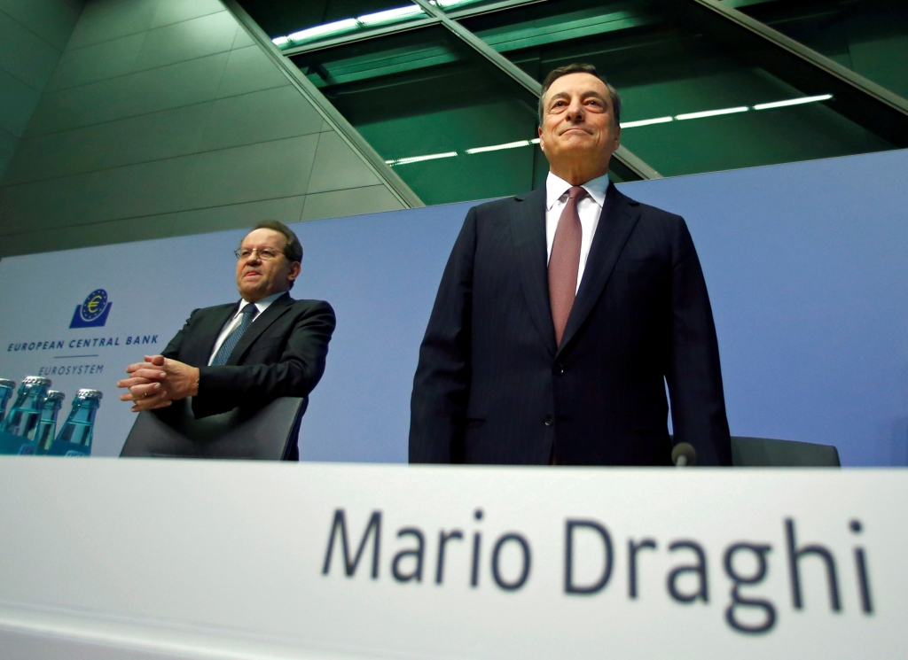 European Central Bank President Mario Draghi and Vice President Vitor Constancio attend a news conference at the ECB headquarters in Frankfurt Germany