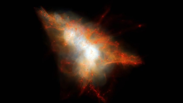 An artistic rendering shows a snapshot from a computer simulation of a Lyman-alpha Blob. The red represents hot gas while the white is cold gas mostly hydrogen. At the centre are two massive star-forming galaxies surrounded by hot gas and many smaller