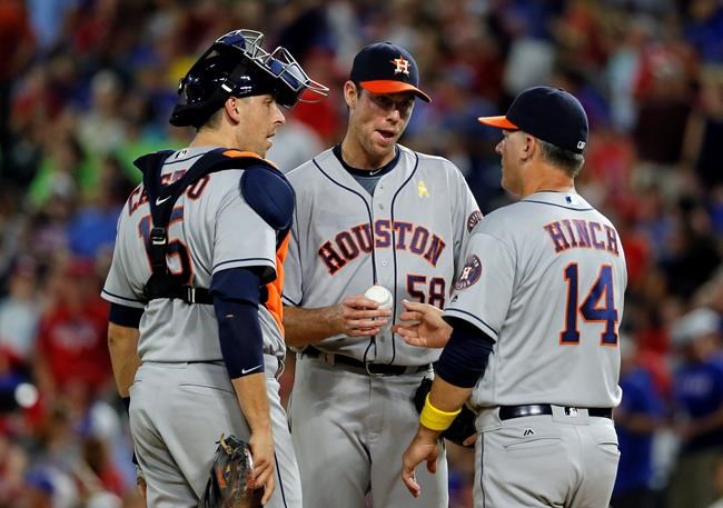 Houston Astros&#39 Jason Castro stands on the mound as Doug Fister turns the ball over to manager A.J. Hinch in the fourth inning of a baseball game against the Texas Rangers Friday Sept. 2 2016 in Arlington Texas. (AP