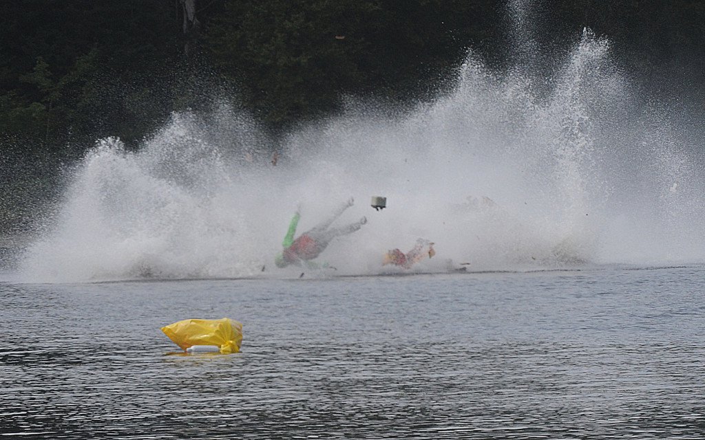 One of the racers goes airborne during a fatal crash on Saturday during the Bill Giles Memorial Regatta on Watson Pond in Taunton Mass.
Mike Gay  The Daily Gazette via AP