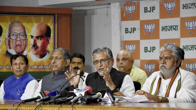 BJP leader Sushil Modi addresses a press conference aftewr former RJD MP Mohammad Shahabuddin was granted bail in Patna