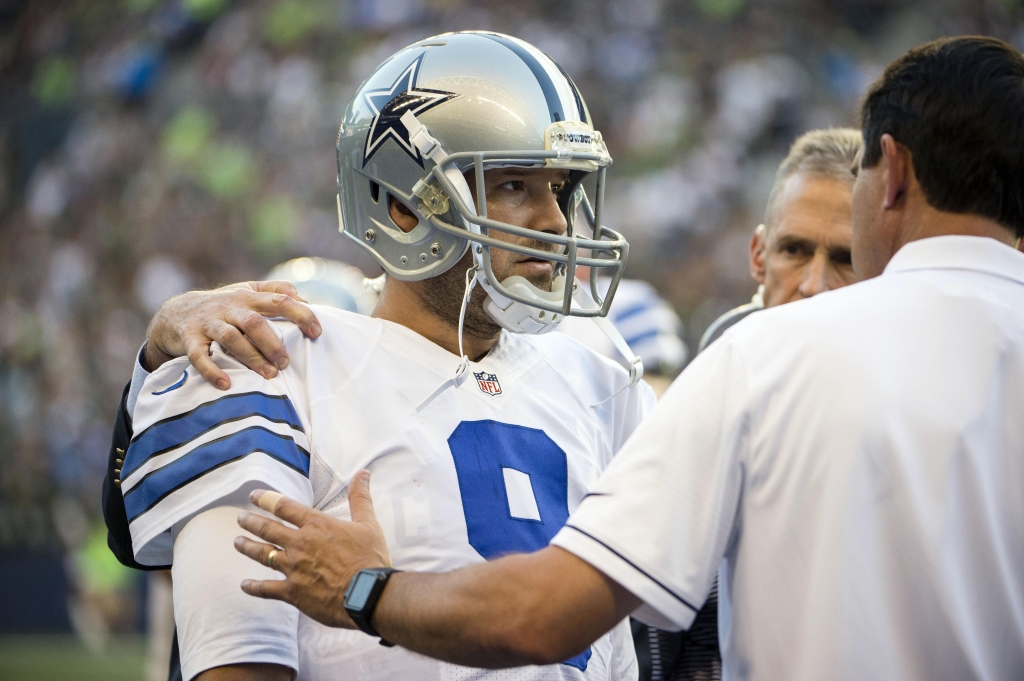 Aug 25 2016 Seattle WA USA Dallas Cowboys quarterback Tony Romo is attended to after getting injured during the first quarter during a preseason game against the Seattle Seahawks at Century Link Field. Mandatory Credit Troy Wayrynen-USA TODAY Spo