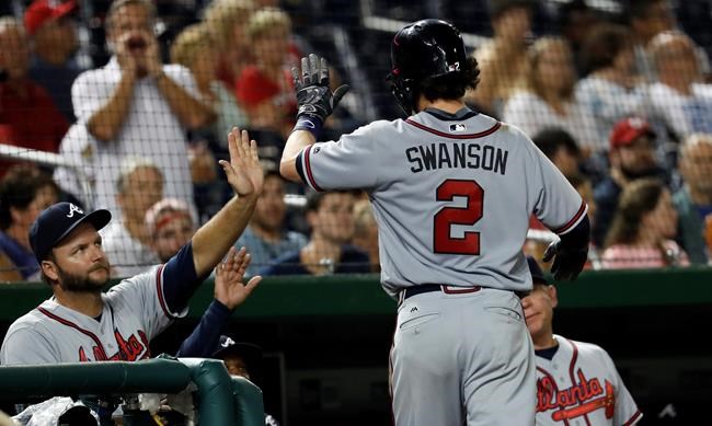 Atlanta Braves&#39 Dansby Swanson is greeted at the dugout after hitting a solo home run iin the seventh inning of a baseball game against the Washington Nationals at Nationals Park Wednesday Sept. 7 2016 in Washington