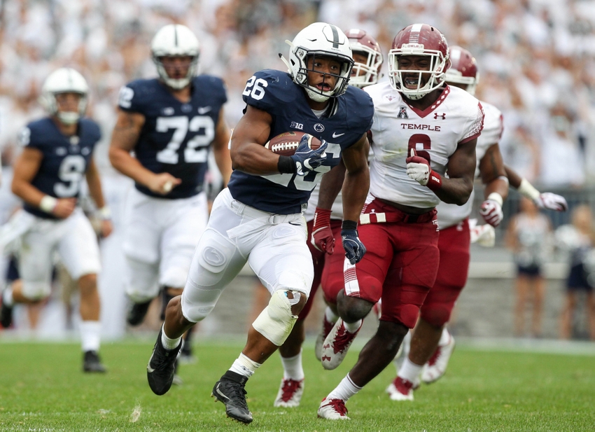 Sep 17 2016 University Park PA USA Penn State Nittany Lions running back Saquon Barkley runs with the ball during the fourth quarter against the Temple Owls at Beaver Stadium. Penn State defeated Temple 34-27. Mandatory Credit Matthew O