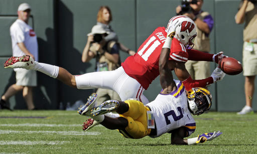 LSU's Kevin Toliver II breaks up a pass intended for Wisconsin's Jazz Peavy during the first half of an NCAA college football game Saturday Sept. 3 2016 in Green Bay Wis