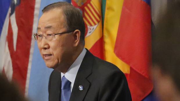 Ban Ki-moon speaks at a press briefing condemning North Korea's fifth nuclear test