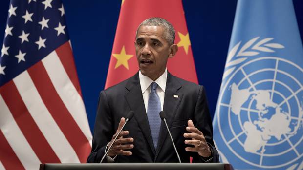 Barack Obama speaking at a climate change at the Ruyi Hall at West Lake State Guest House in Hangzhou