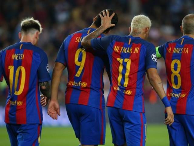 Barcelona's Luis Suarez celebrates scoring their sixth goal with Lionel Messi Andres Iniesta and Neymar