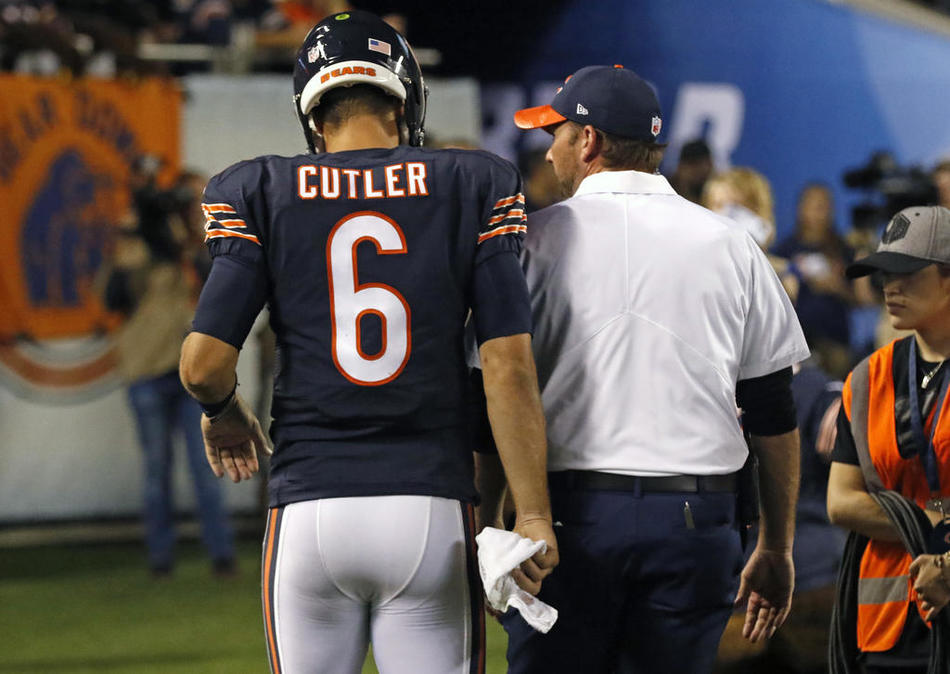 Bears&#39 Jay Cutler leaves the field after being intercepted in the second half of an NFL Monday Night Football game against the Eagles on Monday Sept. 19 2016 at Soldier Field in Chicago. Bears lost 29-14