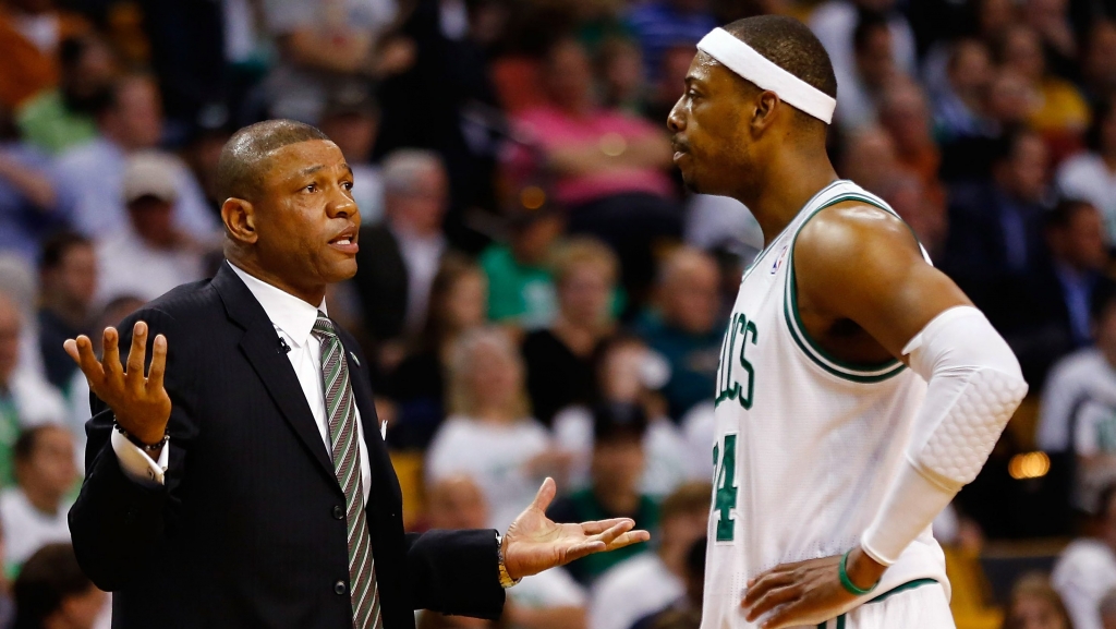 BOSTON MA- APRIL 26 Head coach Doc Rivers talks with Paul Pierce #34 of the Boston Celtics during Game Three of the Eastern Conference Quarterfinals of the 2013 NBA Playoffs against the New York Knicks