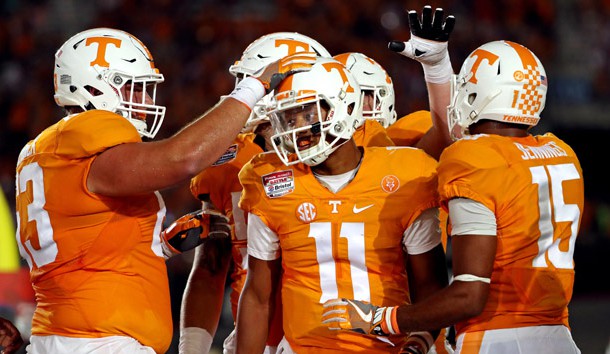 Sep 10 2016 Bristol TN USA Tennessee Volunteers quarterback Joshua Dobbs celebrates scoring a touchdown against the Virginia Tech Hokies during the second quarter at Bristol Motor Speedway