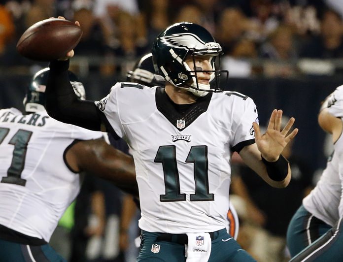 Philadelphia Eagles quarterback Carson Wentz prepares to throw a pass during the first half of the NFL football game against the Chicago Bears Monday Sept. 19 in Chicago