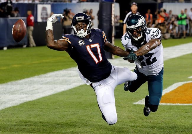 Philadelphia Eagles cornerback Nolan Carroll breaks up a pass intended for Chicago Bears wide receiver Alshon Jeffery during the first half of an NFL football game Monday Sept. 19 2016 in Chicago. Pass interference against Carroll was called