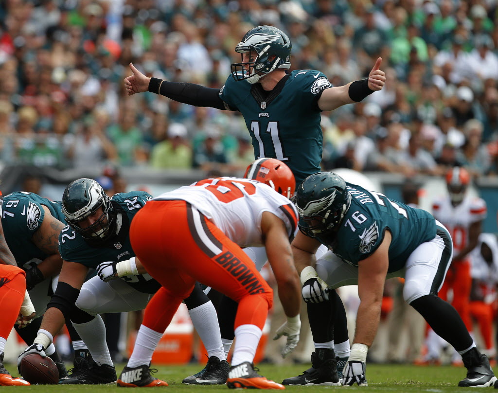 Eagles rookie quarterback Carson Wentz was 22-of-37 for 278 yards, two touchdowns and no interceptions for a 101.0 passer rating in his NFL debut against the Browns a 29-10 victory