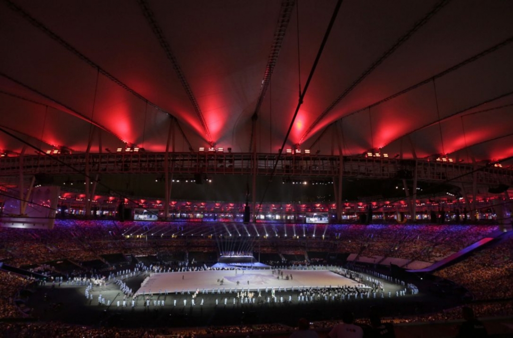 Coloured lights illuminate the stadium during the opening ceremony of the Rio 2016 Paralympic games at Maracana Stadium