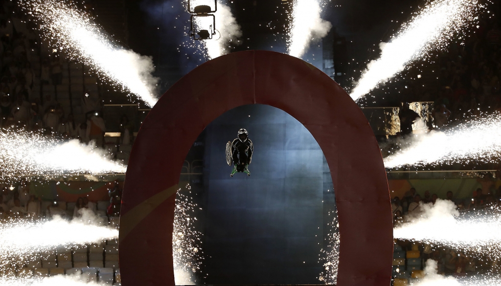 Wheelchair athlete Aaron Wheelz flies through a giant number zero signaling the opening ceremony of the Rio 2016 Paralympic Games at Maracana Stadium in Rio de Janeiro Brazil Sept. 7 2016