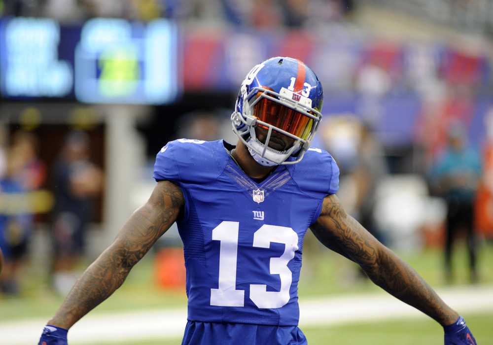 New York Giants Wide Receiver Odell Beckham Jr.  looks on during pre season action against the New England Patriots at the Met life Stadium, East Rutherford NJ