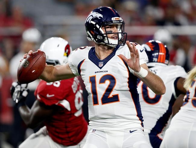 Denver Broncos quarterback Paxton Lynch throws against the Arizona Cardinals during the first half of an NFL preseason football game Thursday Sept. 1 2016 in Glendale Ariz