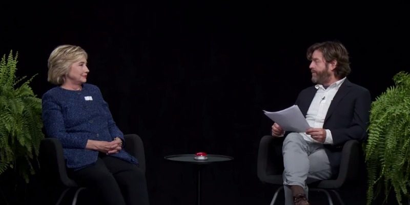 Hillary Clinton being interviewed by Zach Galifianakis on'Between Two Ferns with Zach Galifianakis