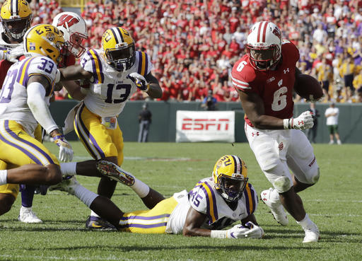 Wisconsin's Corey Clement runs during the first half of an NCAA college football game against LSU Saturday Sept. 3 2016 in Green Bay Wis