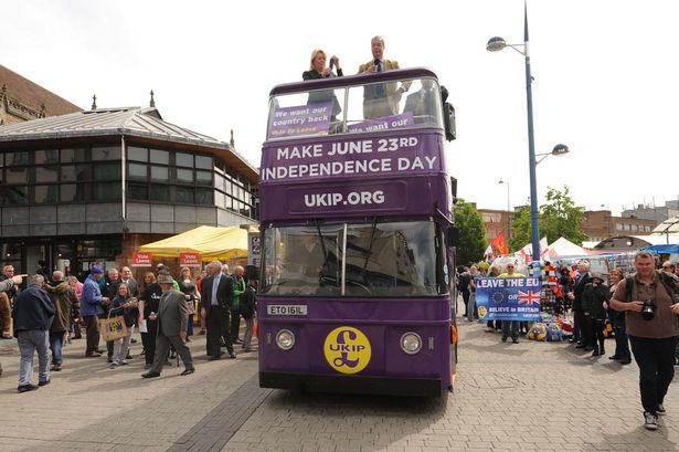 UKIP leader and advocate of the Leave  Brexit vote Nigel Farage comes to Birmingham on a double decker bus to promote UK voting to leave the EU on June 23rd