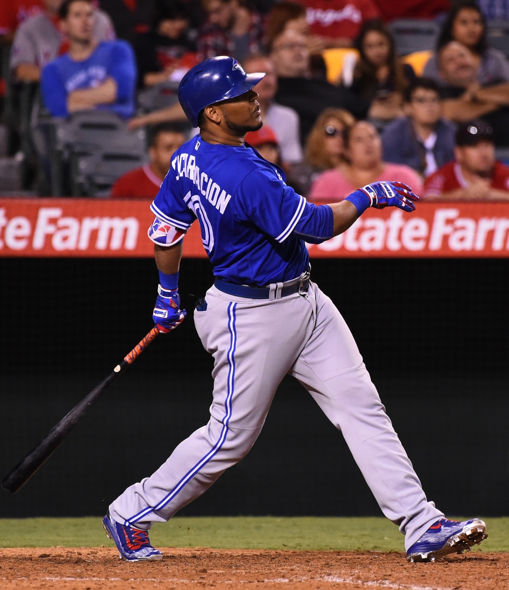 Sep 16 2016 Anaheim CA USA  Toronto Blue Jays first baseman Edwin Encarnacion watches the ball leave the park on a twp-run home run in the ninth inning of the game against the Los Angeles Angels at Angel Stadium of Anaheim. Mandatory Credit Ja