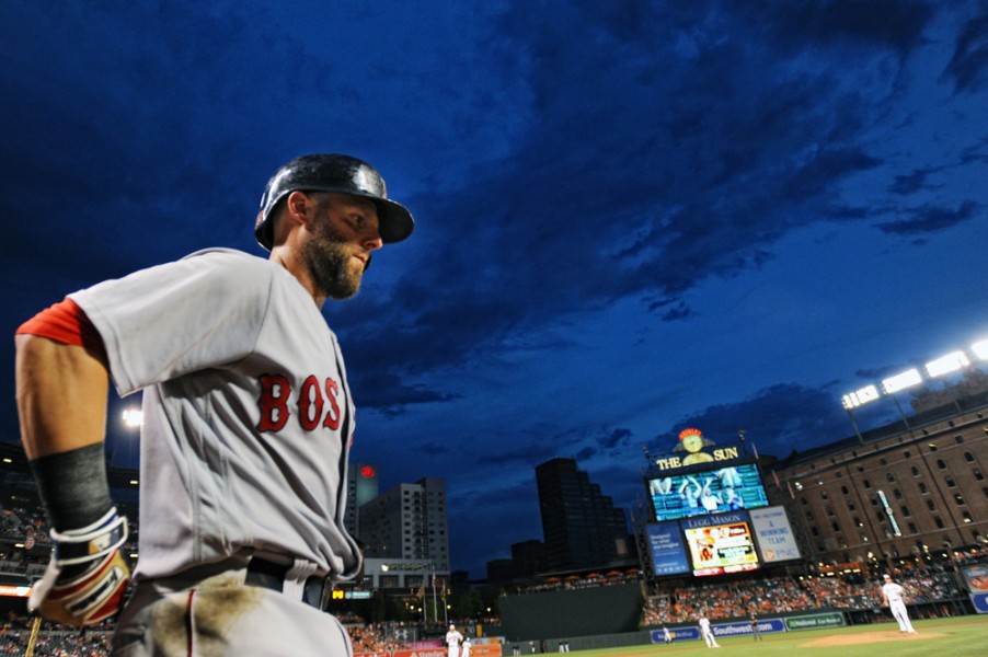 17 August 2016 Boston Red Sox second baseman Dustin Pedroia comes into the on deck circle at Orioles Park at Camden Yards in Baltimore MD. where the Boston Red Sox defeated the Baltimore Orioles 8-1 in a rain shortened game