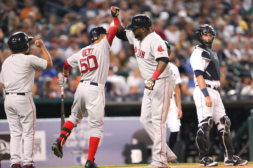 Aug 20 2016 Detroit MI USA Boston Red Sox designated hitter David Ortiz celebrates with right fielder Mookie Betts during the fifth inning against the Detroit Tigers at Comerica Park. Mandatory Credit Raj Mehta-USA TODAY Sports