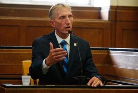 Boston MA- 9/6/2016- Police Commissioner William Evans testifies during the body camera hearing at Suffolk Superior Court in Boston MA