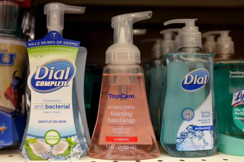 Bottles of antibacterial soap are seen on a grocery store shelf in Miami Florida