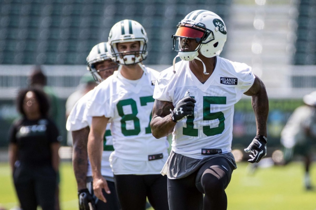 Jul 28 2016 Florham Park NJ USA New York Jets wide receiver Brandon Marshall participates in a drill in front of wide receiver Eric Decker during training camp at Atlantic Health Jets Training Center. Mandatory Credit Vincent Carchietta-US