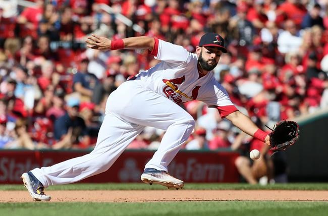 St. Louis Cardinals third baseman Matt Carpenter fields a ground ball off the bat of Milwaukee Brewers&#39 Zach Davies in the eighth inning of a baseball game Sunday Sept. 11 2016 at Busch Stadium in St. Louis. The Cardinals beat the Brewers 5-1. (C