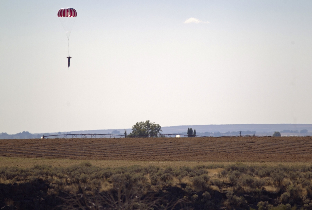 The'Evel Spirit rocket lands in a field Friday Sept. 16 2016 near the Snake River Canyon at Twin Falls Idaho. Professional stuntman Eddie Braun successfully jumped over canyon in an ode to his boyhood idol Evel Knievel. (Pat Sutphin  The Times News